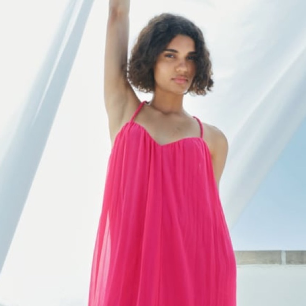 ZARA Fuchsia RIBBED DRESS VOLUMINOUS DRESS WITH BRAIDED STRAPS - Picture 2 of 16